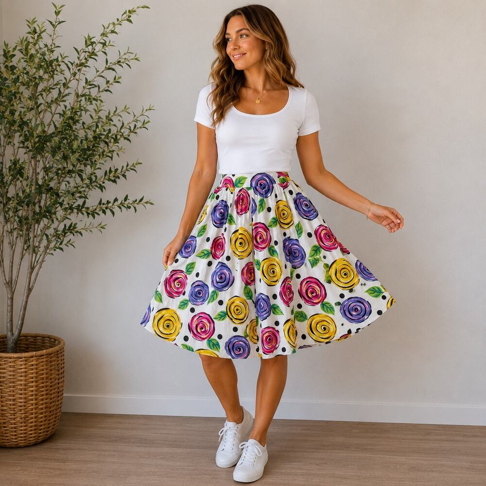 I.B. Diffusion Floral Midi Skirt 1991 Polka Dot Cotton Art Print Vintage Sz 18W